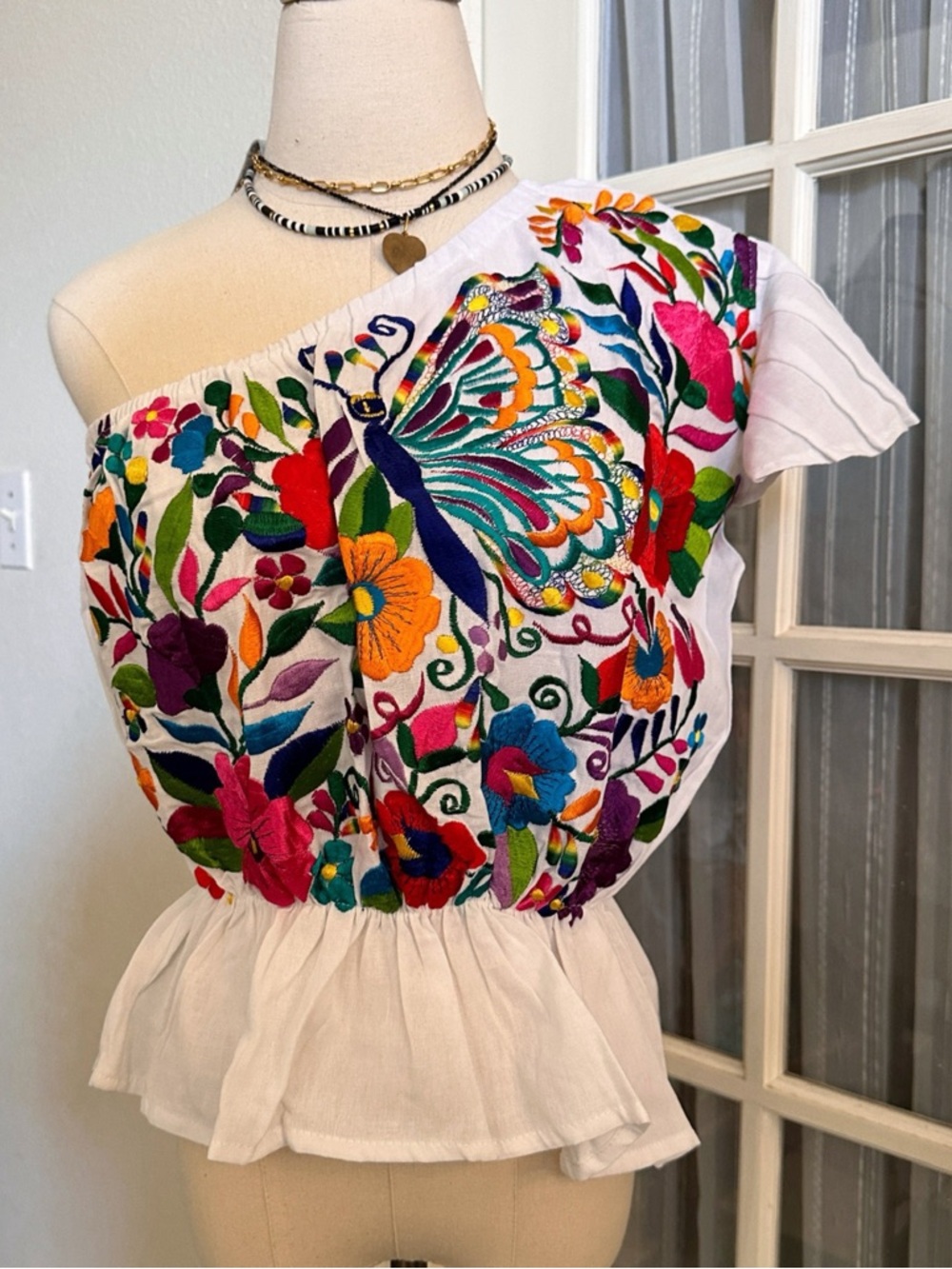 Mexican Floral Embroidered One-Shoulder Top